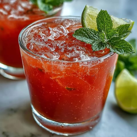 Two glasses of vibrant Guava Nectar Drink served over ice with mint leaves on a table.