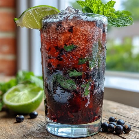 A single refreshing Black Currant Mojito served over crushed ice with a fresh mint sprig and lime wheel.