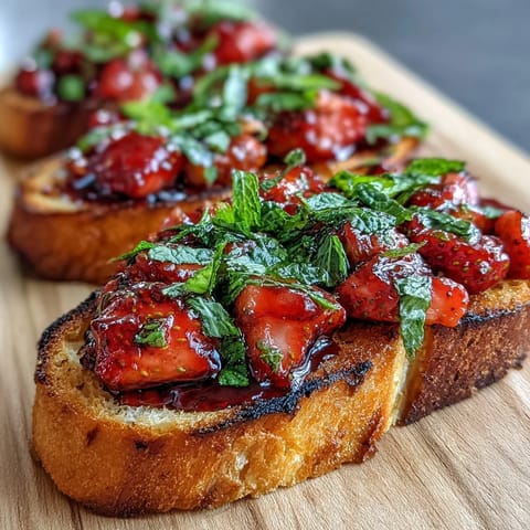 Fresh strawberry bruschetta with balsamic and mint, toasted baguette slices topped with juicy strawberries and fragrant herbs.