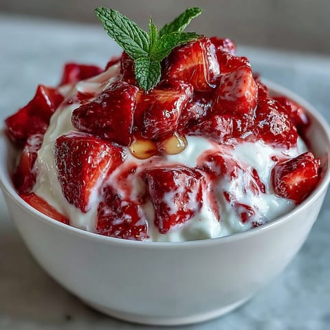 Strawberry compote drizzled over creamy Greek yogurt with a hint of honey, garnished with fresh mint leaves.