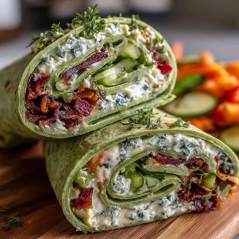 Fresh spinach pinwheel wraps with herb cream cheese and colorful veggies—ideal for parties or quick snacks.