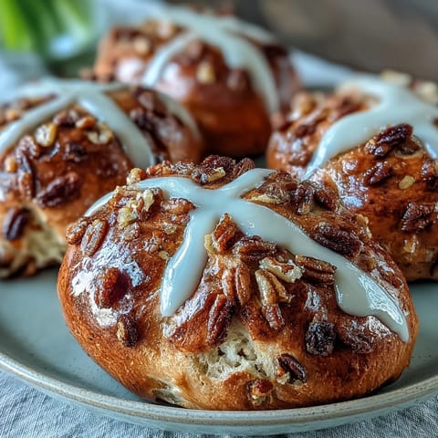 Soft, spiced Hot Cross Buns with citrus glaze, dotted with dried fruit and topped with a zesty orange-lemon drizzle.  