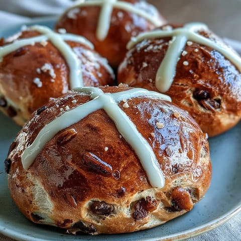 Golden-baked Hot Cross Buns, enriched with warm spices and glazed with a tangy citrus topping for spring celebrations.  