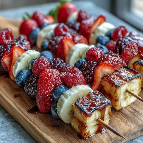 Festive red, white, and blue fruit skewers with strawberries, bananas, and blueberries for Fourth of July celebrations.