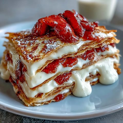 Strawberry crepe cake with fresh berries and vanilla cream, layered for a beautiful dessert centerpiece.