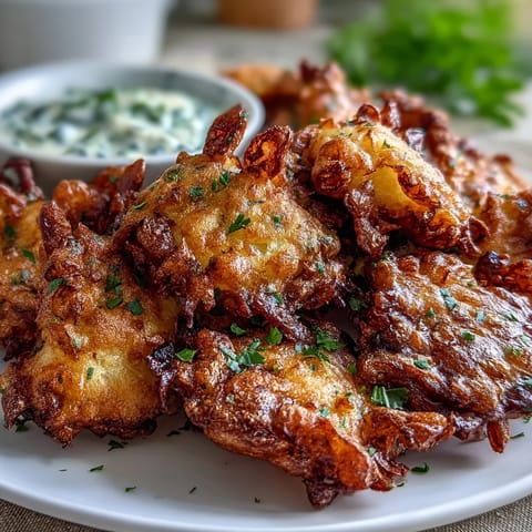 Crispy dandelion fritters with herb dipping sauce, golden and delicate, served on a rustic platter.  