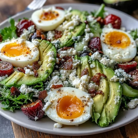 Vibrant Spring Cobb Salad with strawberries and avocado, fresh greens, juicy berries, and creamy feta in rows.  