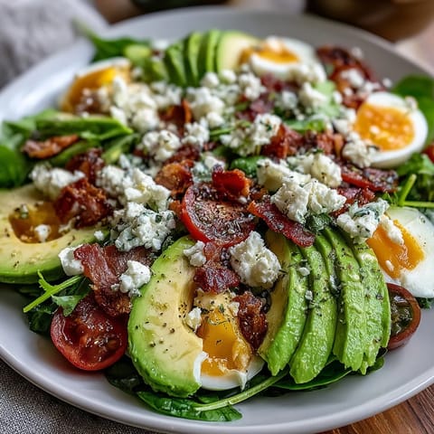Colorful Cobb salad featuring strawberries, avocado, and crisp vegetables, topped with tangy feta and hard-boiled eggs.  