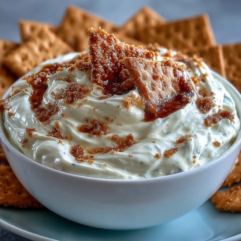 Velvety cheesecake dip served chilled with crunchy graham crackers for easy dipping.  