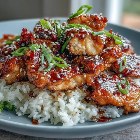 Slow cooker honey garlic chicken thighs with savory sauce served over fluffy rice and garnished with green onions.  