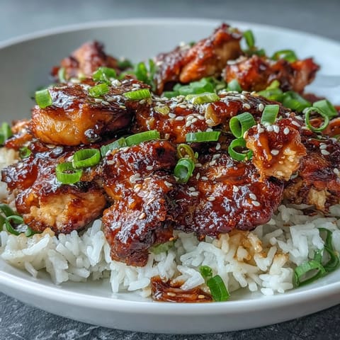 Sticky honey garlic chicken in a rich glaze, served over jasmine rice with sesame seeds and sliced green onions.  
