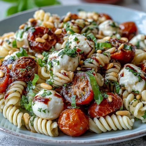 Caprese pasta salad with fresh basil, juicy tomatoes, and creamy mozzarella in a vibrant summer dish.