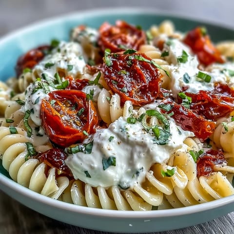 Caprese Pasta with Burrata: Fresh cherry tomatoes, basil, and creamy burrata over al dente pasta, drizzled with olive oil.  