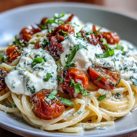 Creamy Burrata Caprese Pasta: Silky burrata melts over pasta tossed with ripe tomatoes and fragrant basil for a vibrant meal.  