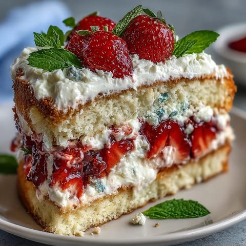 Naked cake with strawberries and cream, elegant spring dessert with fresh berries and whipped cream between soft sponge layers.