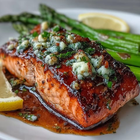 Garlic butter salmon with asparagus, pan-seared to golden perfection and drizzled with fragrant garlic butter sauce.
