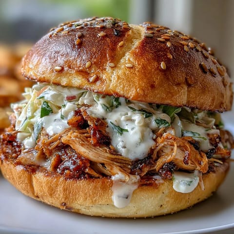 Juicy Smoked Pulled Chicken Sandwiches piled high, drizzled with creamy white BBQ sauce.