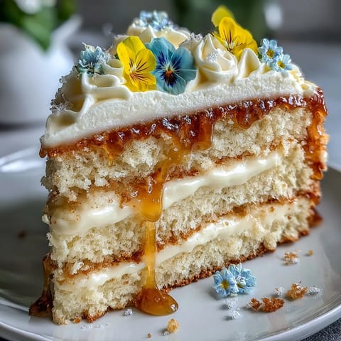 Mother's Day Lemon Curd Layer Cake adorned with vibrant edible flowers.