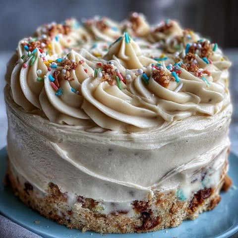 Class of 2026 Confetti Cake: vibrant rainbow sprinkles, champagne frosting, celebratory dessert.