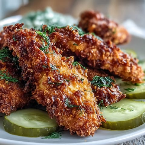 Golden pickle brine chicken tenders, perfectly crispy and ready for dipping.