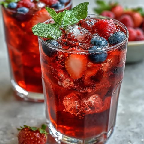 Vibrant iced hibiscus berry tea, garnished with fresh fruit and mint, perfect for hot days.