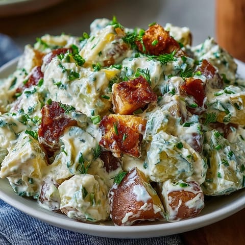 Creamy Juneteenth Soul Food Potato Salad bright with tangy pickles and rich mustard.
