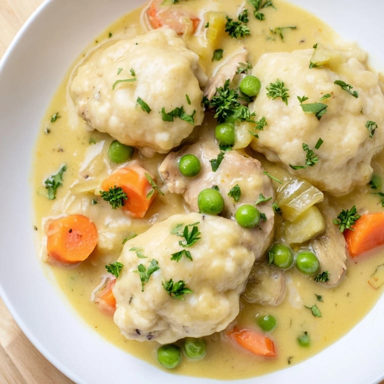 A close-up of a steaming bowl of chicken and dumplings with fresh parsley for garnish.