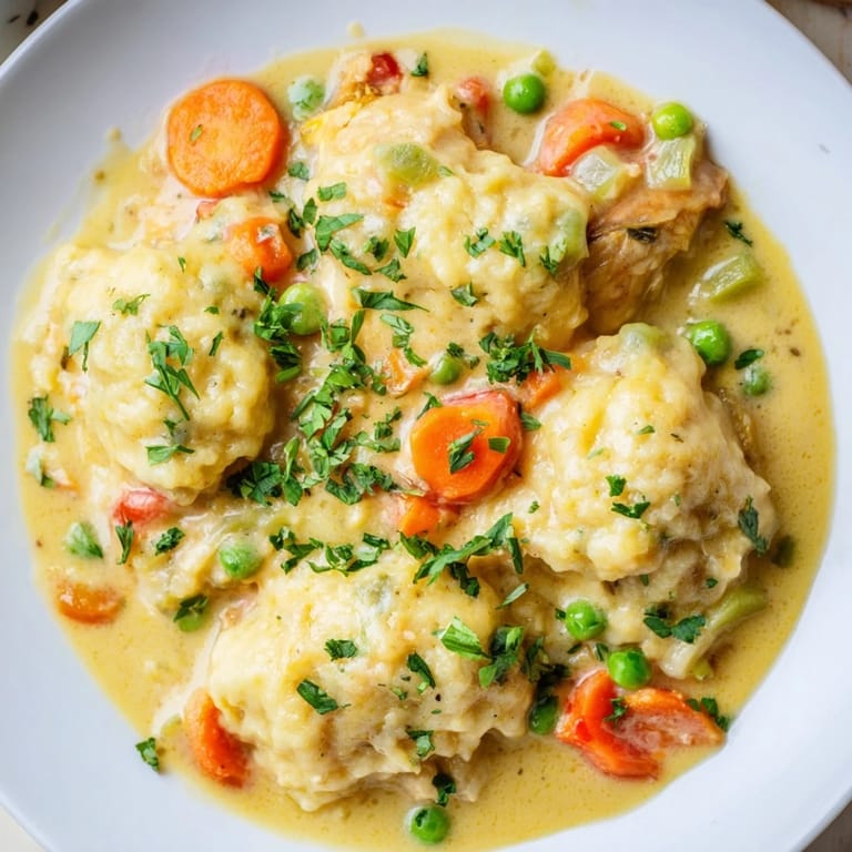 Hearty chicken and dumplings, ready to be devoured, with tender chicken and vegetables visible.