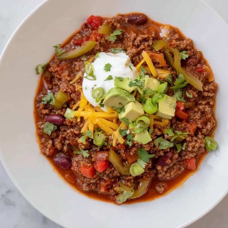 A hearty, bubbling pot of Chili con Carne displaying rich red color and inviting texture.
