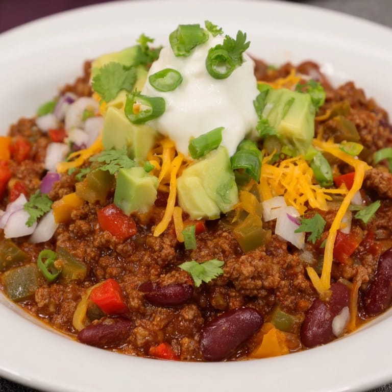 Close-up of a generous spoonful ready to eat; delicious Chili con Carne with fresh toppings.
