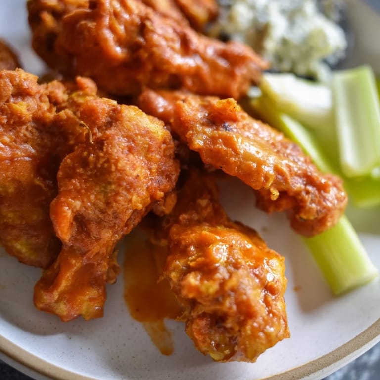 Golden fried Buffalo wings dripping with spicy sauce, served alongside crunchy celery and blue cheese.