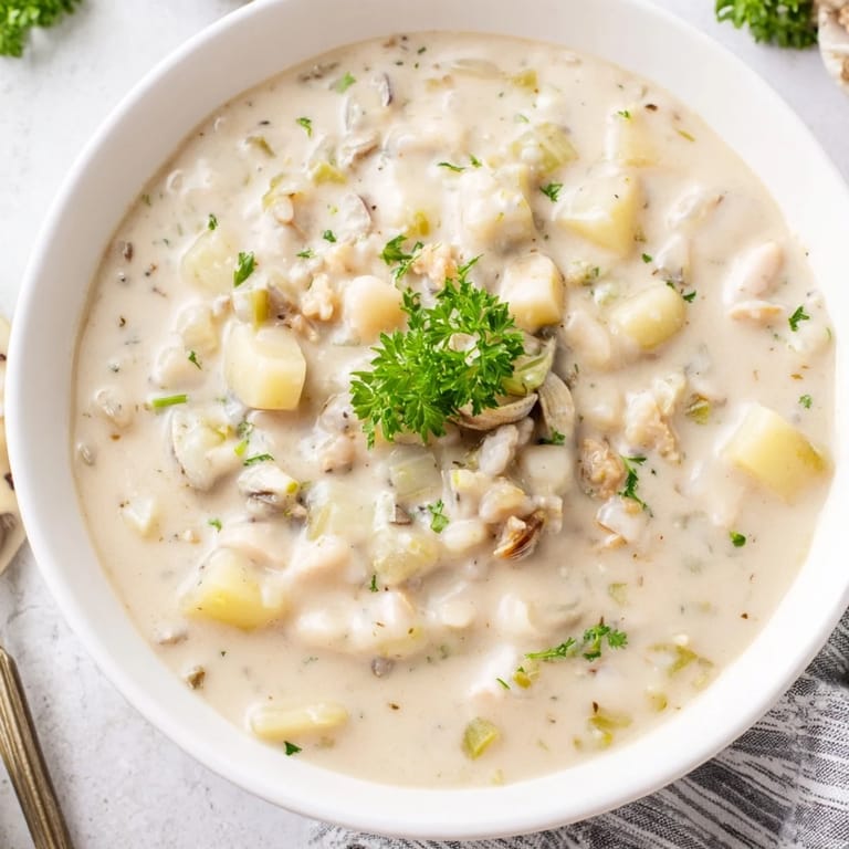 Warm, hearty Clam Chowder, filled with tender clams and potatoes, ready to be served.