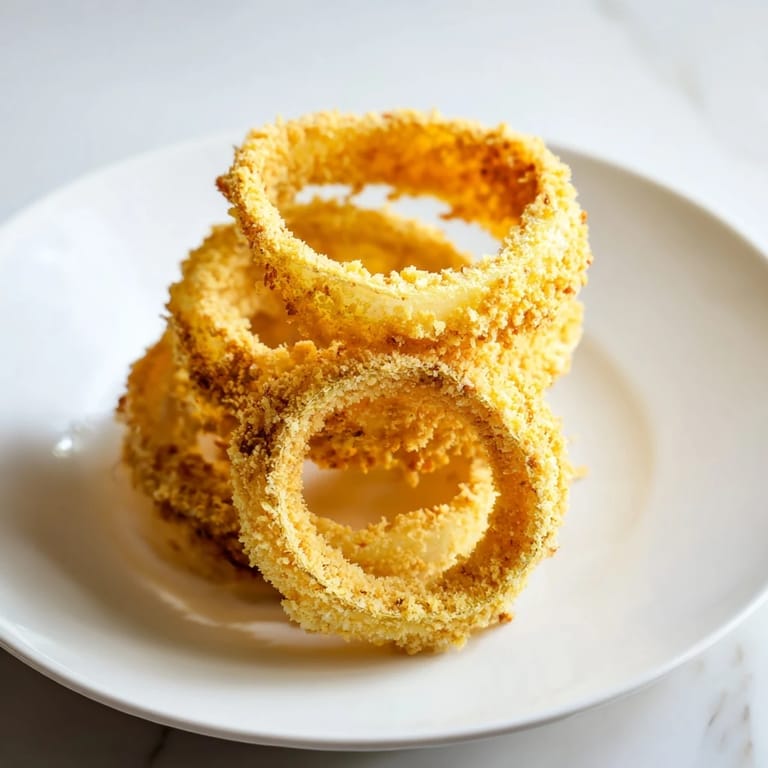 Close-up of perfectly battered and golden onion rings, a classic American appetizer.