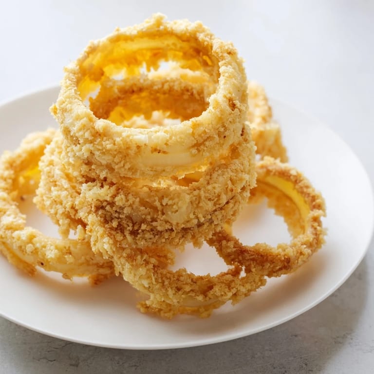 A stack of homemade onion rings, offering a satisfying crunch in every delicious bite.