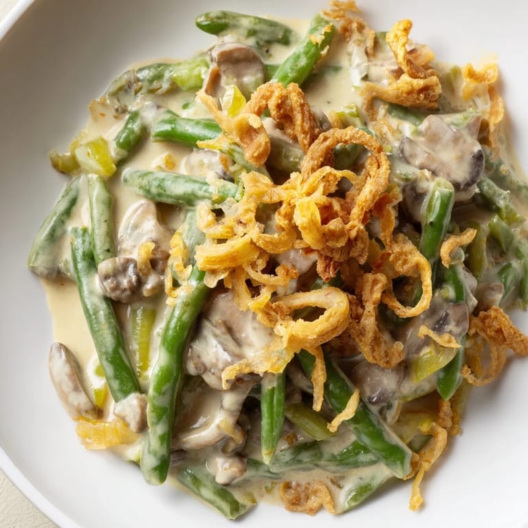 A bubbling baking dish filled with creamy Green Bean Casserole, showcasing tender green beans and mushrooms.