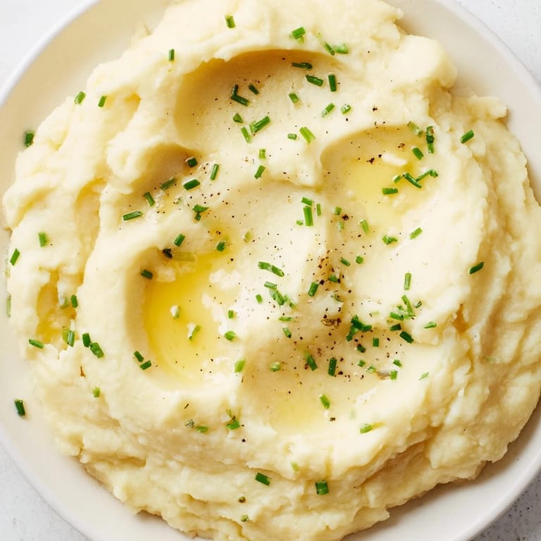 A bowl of golden mashed potatoes, garnished with fresh herbs, is ready for a cozy, satisfying meal.