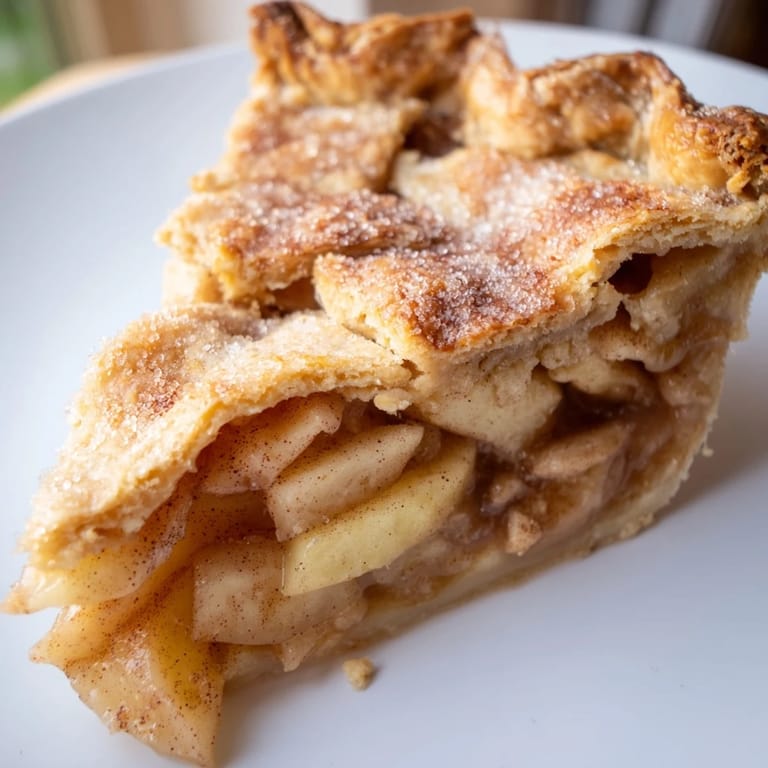 Close-up of a homemade Apple Pie, its crust perfectly crimped, ready for serving.