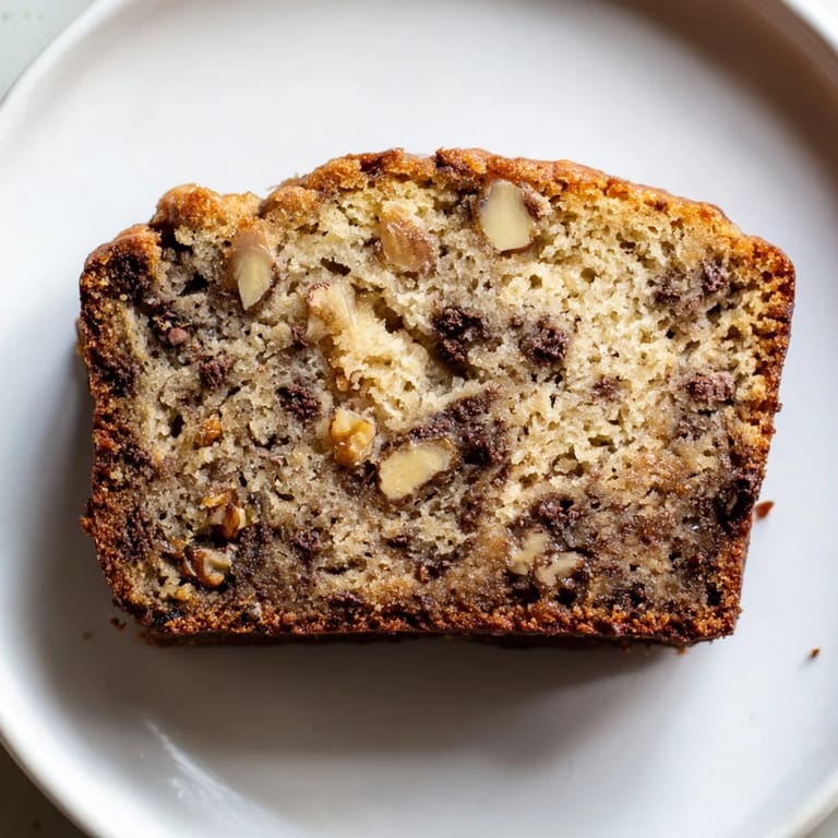 Homemade banana bread, studded with walnuts, looks incredibly moist and delicious for a snack.