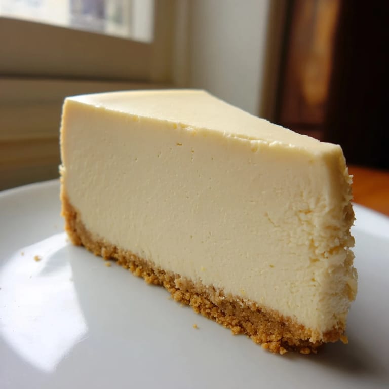 This photo features a classic New York cheesecake, with a graham cracker crust and smooth filling.
