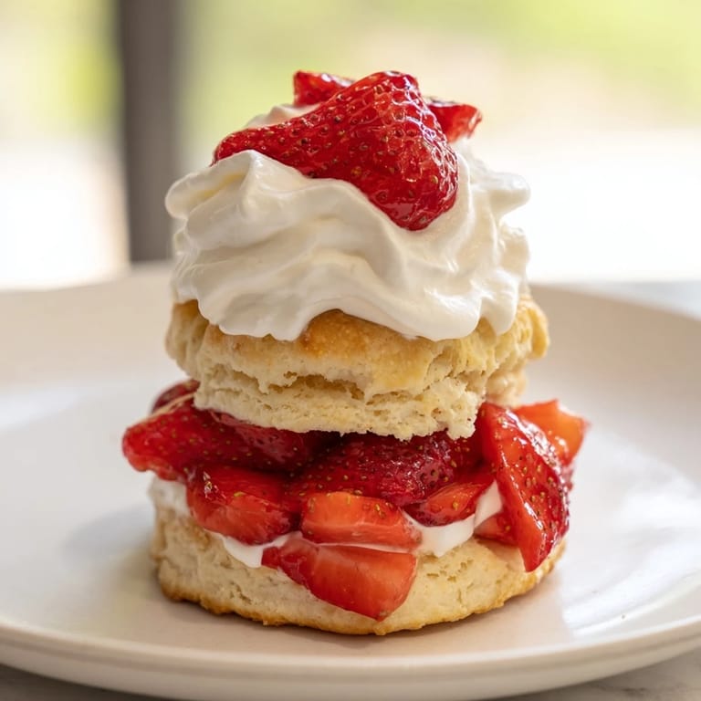 Golden-baked biscuits layered with sugared strawberries and fluffy whipped cream make this strawberry shortcake irresistible.