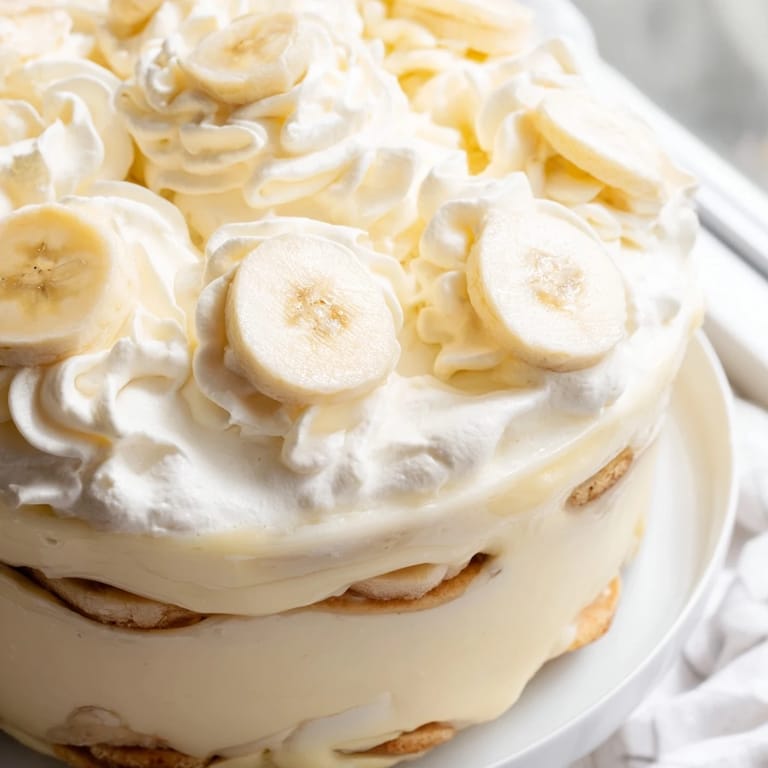 A classic, layered banana pudding dessert, showing smooth vanilla pudding with fresh banana.