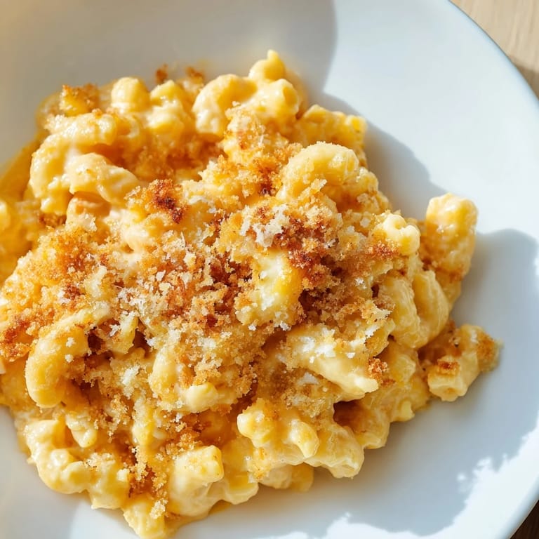 A close-up of bubbly, oven-baked macaroni and cheese, boasting a crispy golden breadcrumb topping.