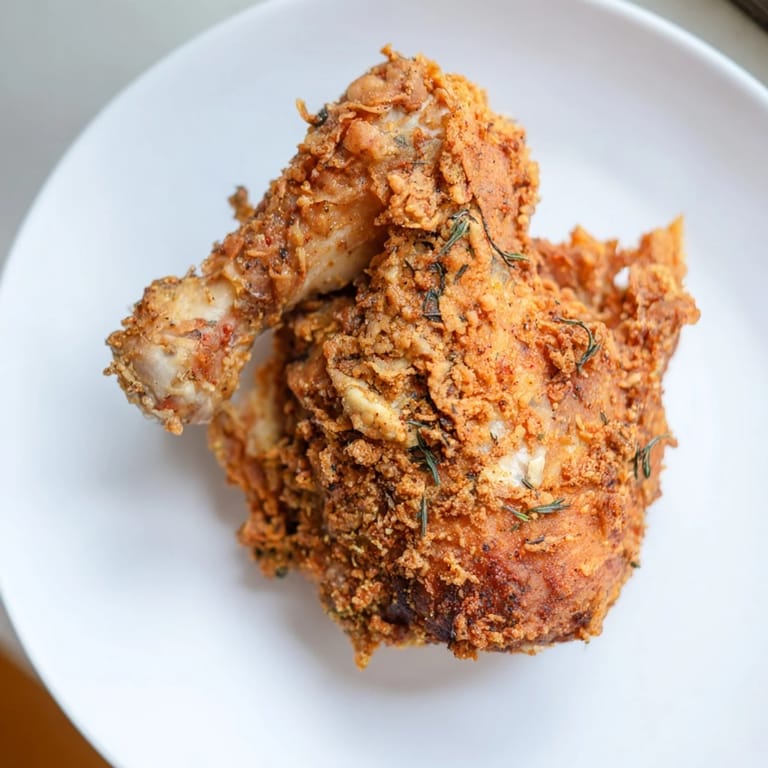 Tender, juicy interior revealed in this delicious, golden-brown fried chicken, a Southern comfort favorite.