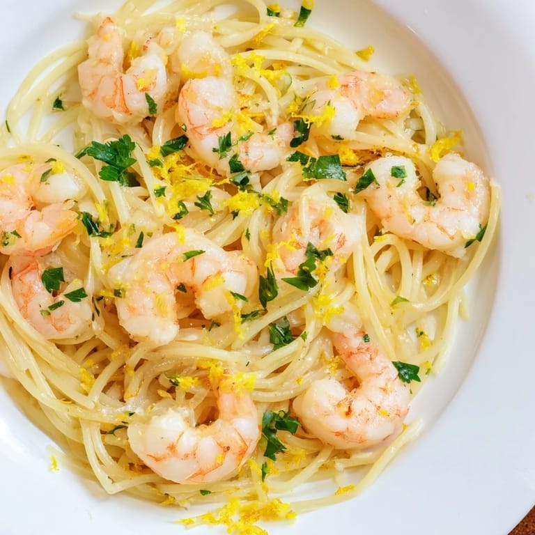 Freshly grated Parmesan and lemon wedges garnish a warm serving of Lemon Garlic Shrimp Pasta for dinner.