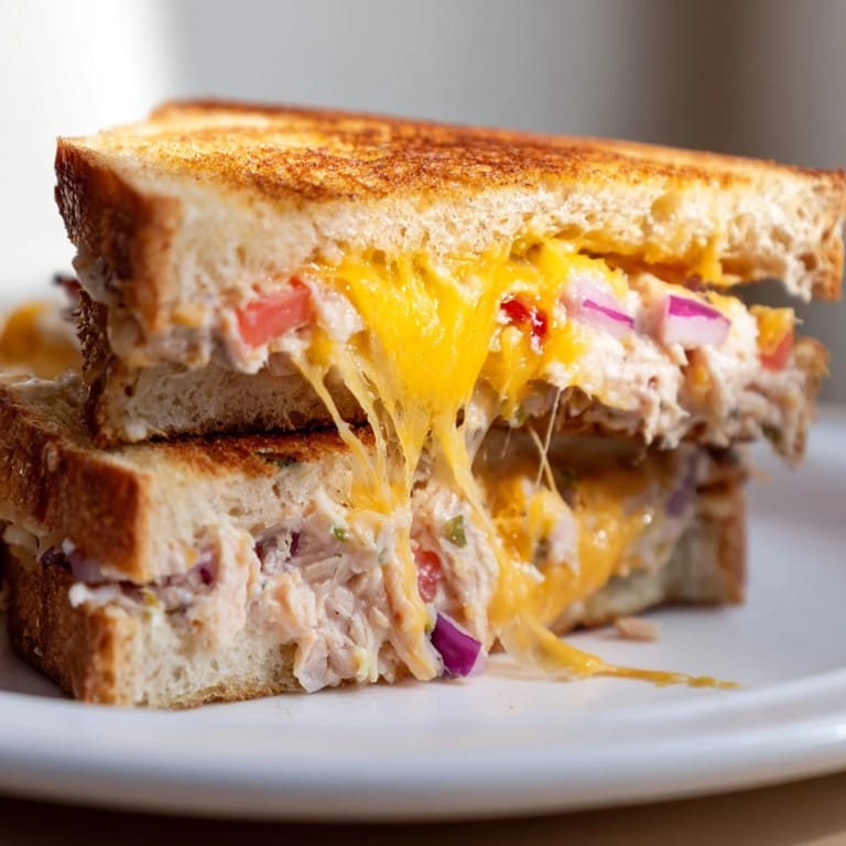 Close-up view of a Spicy Tuna Melt, highlighting the melted cheese and spicy tuna salad between crispy bread slices.
