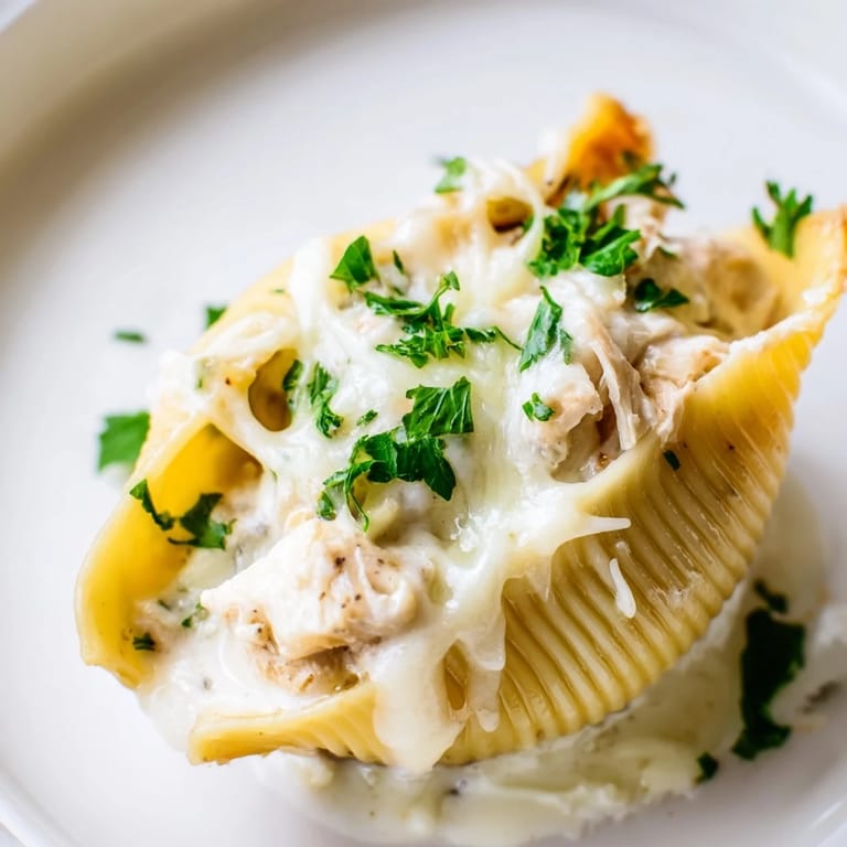 Close-up of a fork lifting a cheesy Chicken Alfredo Stuffed Shell, revealing the rich, savory filling inside.