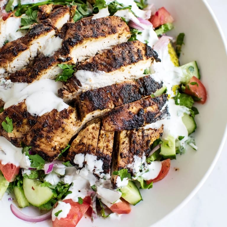 Fresh Middle Eastern Chicken Shawarma Salad featuring charred chicken and colorful vegetables on a bed of greens.  
