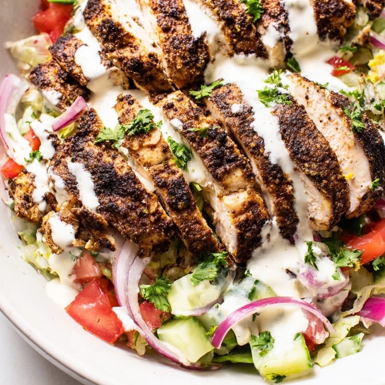 Juicy, aromatic Chicken Shawarma Salad topped with parsley and a drizzle of tangy yogurt dressing.