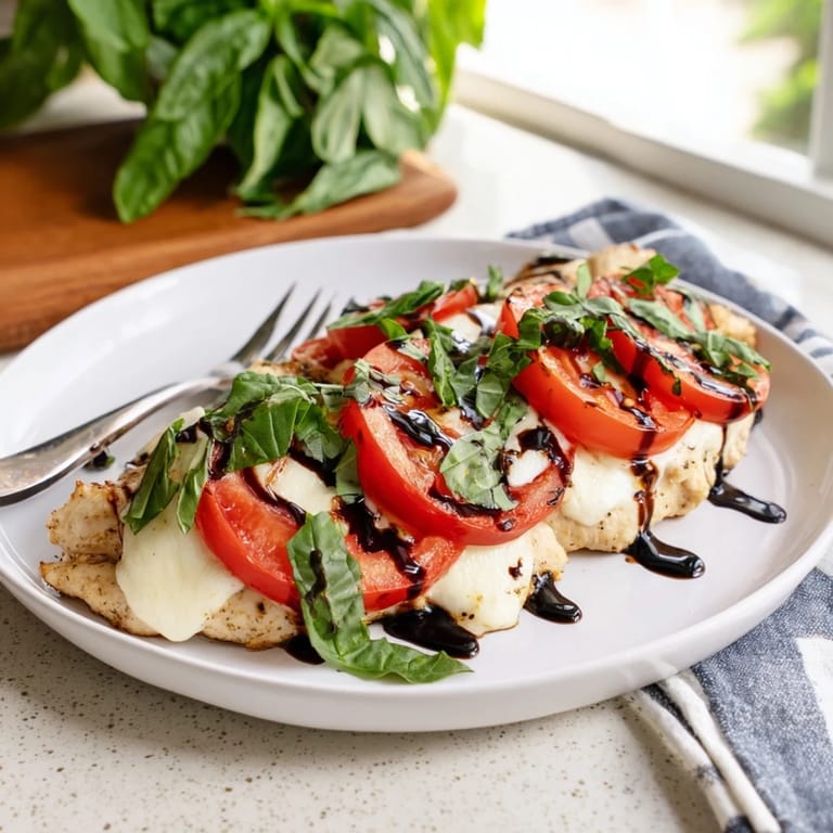 Top-down view of a Caprese Chicken Skillet, with juicy chicken breasts layered with creamy mozzarella, bright tomatoes, and a drizzle of dark balsamic glaze.