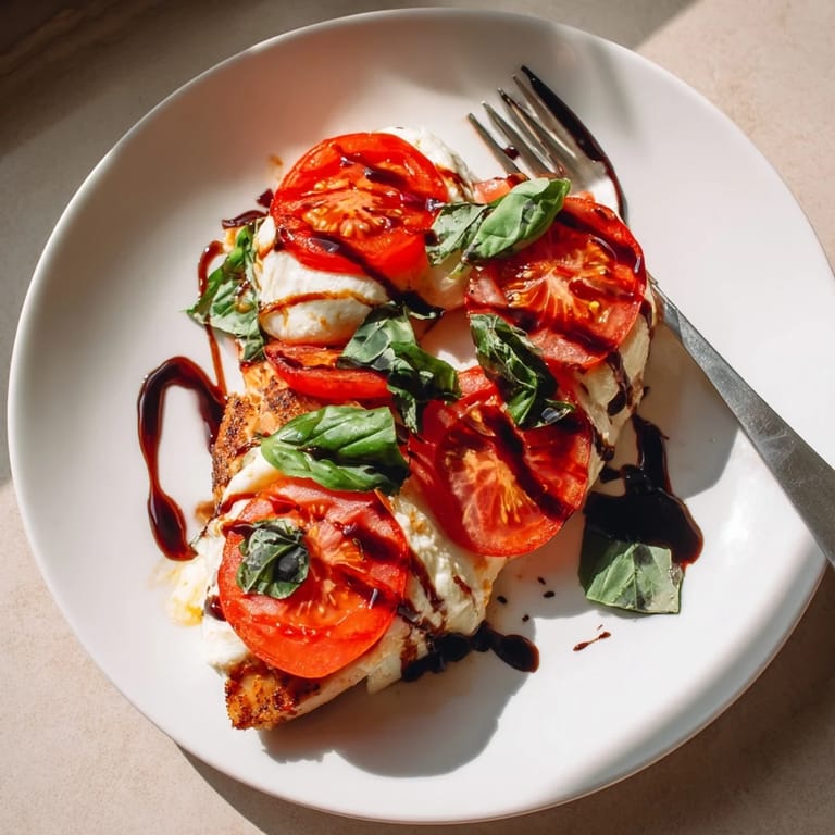 In the Caprese Chicken Skillet, tender chicken is seared in a pan, then topped with melted cheese, tomato slices, and torn basil leaves.